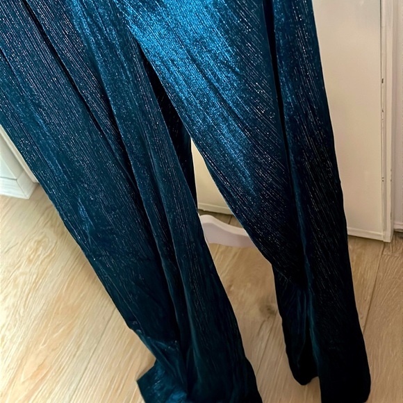 New Main Strip Rhinestone Halter Strapless Sweetheart Neck Teal Velvet Jumpsuit - Picture 5 of 16